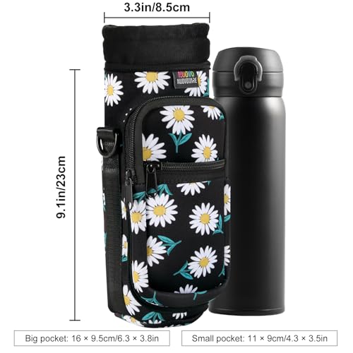 Nuovoware Water Bottle Carrier Bag, 25oz/32oz Bottle Pouch Holder, Adjustable Shoulder Hand Strap 2 Pocket Sling Neoprene Sleeve Sports Accessories for Hiking Travelling Camping, BlackDaisy | Adjustable Shoulder Hand Strap, 2 Pocket, Neoprene Sleeve, For