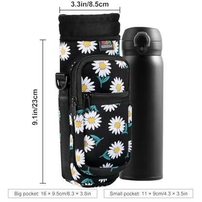 Nuovoware Water Bottle Carrier Bag, 25oz/32oz Bottle Pouch Holder, Adjustable Shoulder Hand Strap 2 Pocket Sling Neoprene Sleeve Sports Accessories for Hiking Travelling Camping, BlackDaisy | Adjustable Shoulder Hand Strap, 2 Pocket, Neoprene Sleeve, For