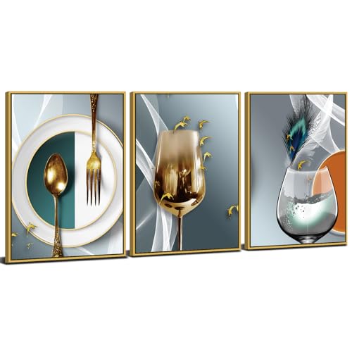 Gold Framed Dining Room Wall Art Wine Glass Pictures for Kitchen Wall Decor Teal Abstract Geometric Kitchenware Canvas Paintings Goblet Cups Posters Modern Bar Artwork Home Decorations 12x16 3Pcs - color: Wine Glass-GF, size: 16"L x 12"W