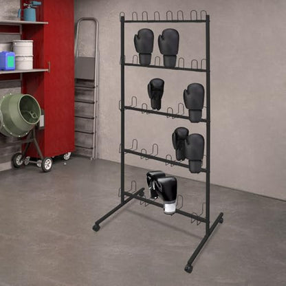 5-Tier Boxing Gloves Drying Rack, Boxing Glove Storage Stand with Universal Wheels, Metal Boxing Glove Drying Display Rack, Boxing Glove Stand Floor Standing, Holds 20 Pair of Gloves - color: Black