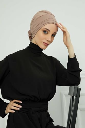 Aisha's Design Instant Turban Head Wraps for Women, Combed Cotton Scarf Lightweight Pre tied Hijab with Back Rose Detail - color: Cappuccino