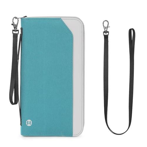 Family Passport Holder for 6, RFID Blocking Travel Wallet with AirTag Holder, Large Travel Document Organizer Pouch for Women Men with Neck Strap and Zipper Pocket - color: New blue