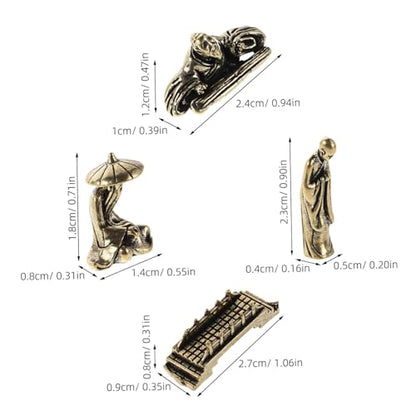 4pcs Brass Mini Fisherman Figurines Set, Old Chinese Fisherman and Monk Sculptures with Luoyang Bridge, Miniature Oriental Micro Landscape Decor for Desktop and Aquarium