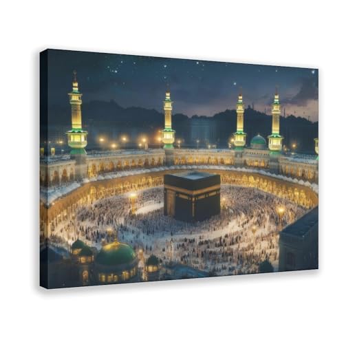 Modern Islamic Wall Art - Masjid al-Haram Kaaba Canvas Wall Decor, Framed Spiritual Night View Mecca Picture, Ready to Hang Muslim Home Decor, Eid Ramadan Gifts (36x24 inch) - color: Wrapped Canvas, size: 36"L x 24"W