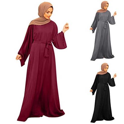 Prayer Dress for Women Muslim Long Sleeve A Line Elegant Maxi Dress Casual Wedding Party Maxi Dresses with Belt - color: Red, size: X-Large