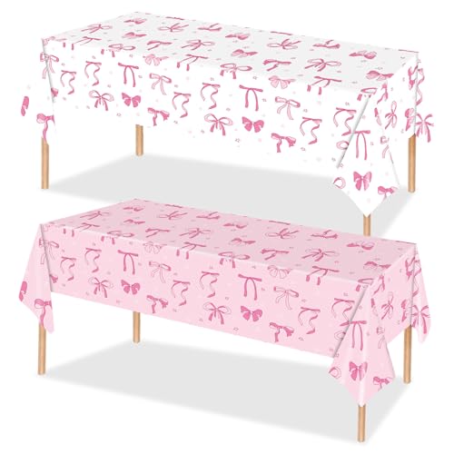 2Pcs Pink Bow Tablecloth Bow Party Supplies Disposable White Pink Table Cover for Birthday Party Decor Bachelorette Decor Wedding Bridal Engagement Decor Coquette Decoration 54×108'' - color: Pink Bow