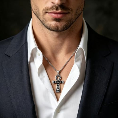 Ankh Cross Pendant Ancient Egyptian Hieroglyphic Symbol of Health and Eternal Life Men Cross Necklace with Tiger Eye Stone Obsidian Hematite Triple Protection Crystal Beads Chain - color: style 2