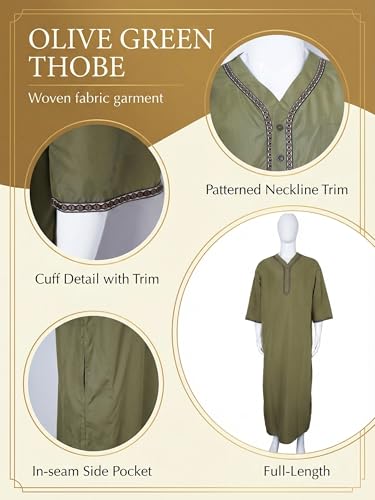 Mens Kaftan Thobe V-Neck Half Sleeve Muslim Robe Dubai Long Gown Saudi Arab Thobe Robes for Summer Beach - color: Green, size: X-Large