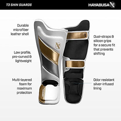 Hayabusa T3 Striking Shinguards - Men and Women | MMA Protection, Muay Thai Kickboxing, Sparring Pads, Martial Arts Gear, Adjustable Straps, Impact Padding, Elastic Fit - color: White/Gold, size: Large
