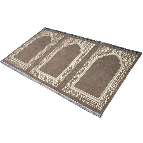 Modefa Turkish Islamic Prayer Mat - Wide Chenille Praying Mat - Multi Person Muslim Janamaz Sajada for Family - Large Gathering & Group Praying Carpet - Selcuk Star 3 Person (Beige) - color: Beige
