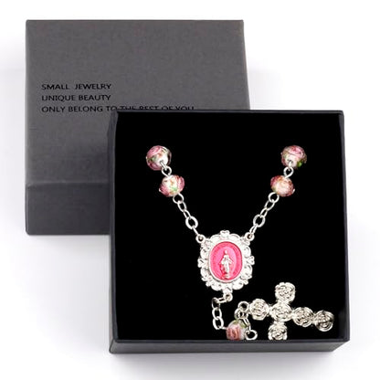 8mm Murano Rose Beads Catholic Virgin Mary Car Rosary for Rearview Mirror with Gift Box - color: White & Pink