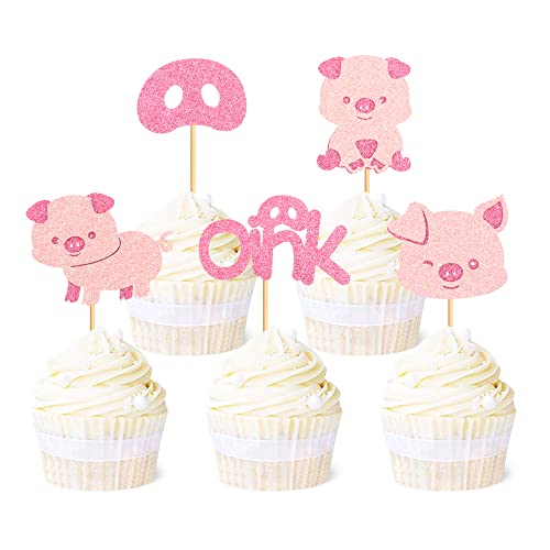 Ercadio 25 Pack Pig Cupcake Toppers Pink Glitter Pig Oink Cupcake Picks Pig Cake Toppers Pink Piggy Cupcake Toppers for Farm Animals Theme Party Baby Shower Birthday Cake Decor Supplies - color: A-pig