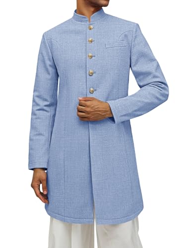 Runcati Mens Kurta Coats Indian Mandarin Collar Attire Ethnic Outfits Wedding Festive Party Clothing Casual Kaftan Robe - color: Light Blue, size: Medium