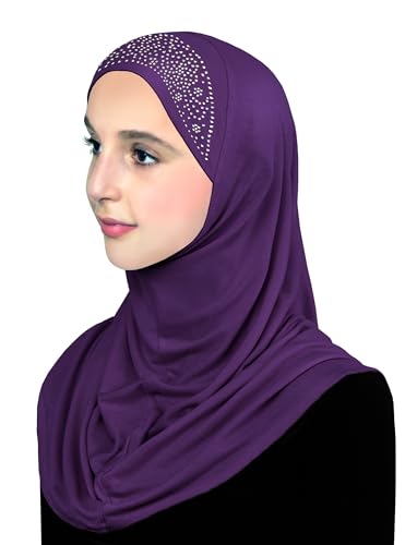 Aiyah Hijab for Girl's 1 piece Elastane-Spandex Amira Head Scarf with Rhinestones Easy Pull-on Headscarf - color: Large - Purple, size: Large