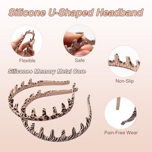 2pcs Silicone Comb Headbands for Women Non Slip, No Headache Headband with Teeth for Girls, Soft Head Bands for Women's Hair (Zebra & Leopard) - color: Zebra & Leopard