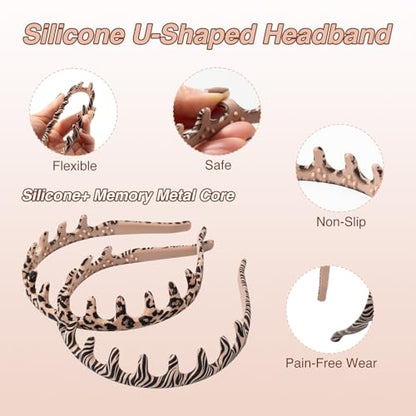 2pcs Silicone Comb Headbands for Women Non Slip, No Headache Headband with Teeth for Girls, Soft Head Bands for Women's Hair (Zebra & Leopard) - color: Zebra & Leopard