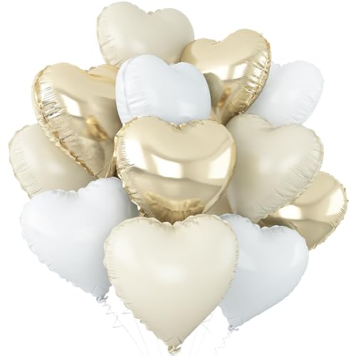 Cream White Gold Heart Foil Balloons,12Pcs 18Inch Heart Shaped Balloons - color: Cream White Gold