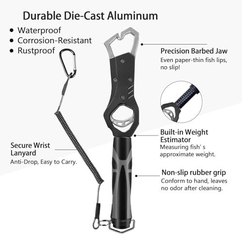 Eupheng 11.8'' Heavy-Duty Fish Gripper with Scale Rustproof Aluminum Body, Non-Slip Rubber Handle, Built-in Weight Estimator & Wrist Lanyard - color: Grey