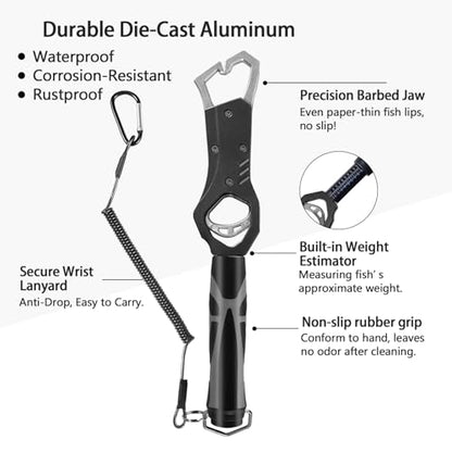 Eupheng 11.8'' Heavy-Duty Fish Gripper with Scale Rustproof Aluminum Body, Non-Slip Rubber Handle, Built-in Weight Estimator & Wrist Lanyard - color: Grey