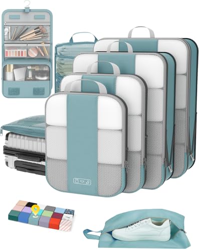 OlarHike 8 Set Compression Packing Cubes for Travel Essentials,Compressible Expandable Space Saver Bags for Organizing Clothes,Luggage Suitcase Garment Bags with Over 1000 pcs Mesh Holes(Blue Gray) - color: Blue Gray