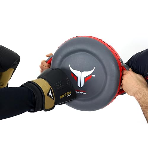 Mytra Fusion Boxing Round Pad Kickboxing Coach Training Punching Focus Mitts for Martial Arts, MMA & Muay Thai, Strike Boxing Focus Pads for Speed, Focus & Accuracy - color: Grey/Red