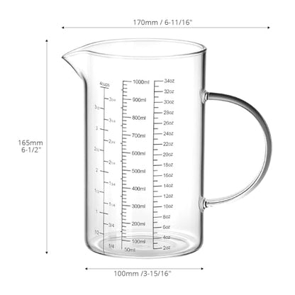 QWORK 34OZ/1000ML Glass Measuring Cup (Ml/Oz/Cup), 4 Cups Multi-Purpose Kitchen Tool with V-Shaped Spout & Handle