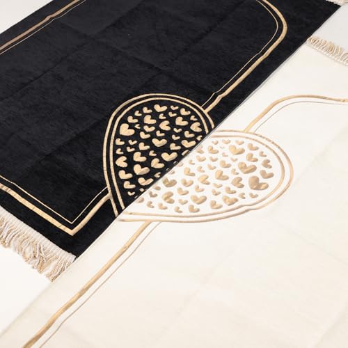 Couple Muslim Prayer Rug Set, 2 Pcs Chenille Mats & Gift Bag - color: Black-white