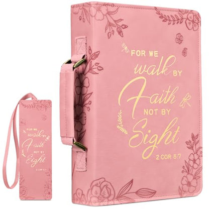 FINPAC Large Classic Bible Cover Vegan Leather Carrying Book Case Church Bag Bible Protective with Handle, Gift for Women, Mother, Friends, Pink - color: Pink