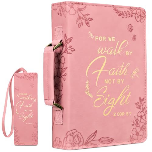 FINPAC Large Classic Bible Cover Vegan Leather Carrying Book Case Church Bag Bible Protective with Handle, Gift for Women, Mother, Friends, Pink - color: Pink
