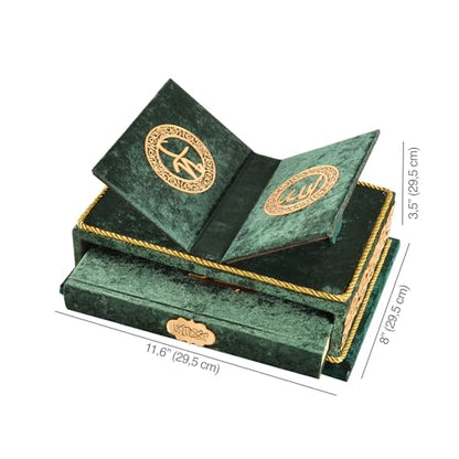 Quran Book with Wooden Rahle Stand – Green Hardcover Islamic Gift Set for Eid, Ramadan, Muslim Men & Women - color: Green