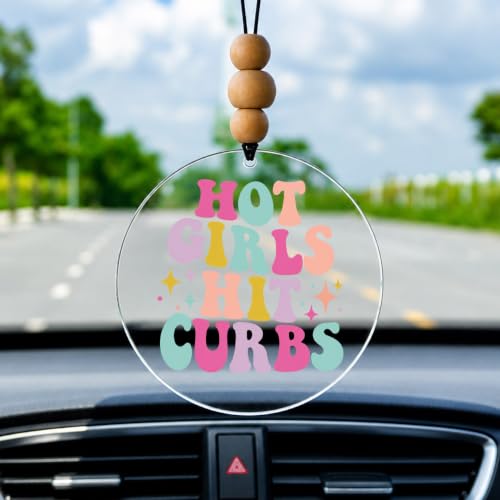 Talataca Hot Girls Hit Curbs 2D Flat Car Ornament & Wood Beads, Funny Quote Beaded Rear View Mirror Accessories, Retro Rearview Hanging Charm, Christmas Tree Decor - color: 31