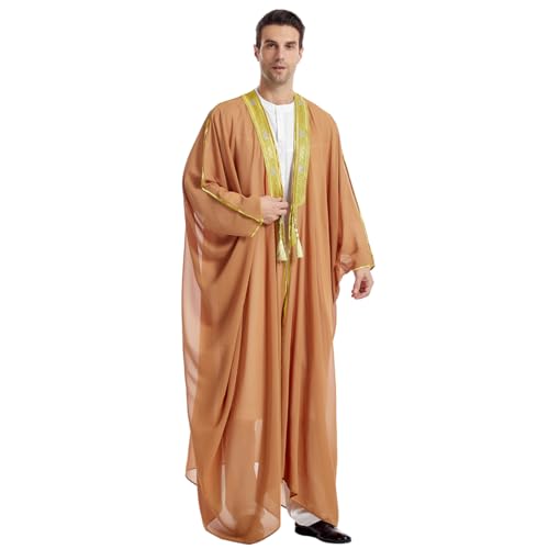 Muslim Thobe for Men Kaftan Robe Ramadan Abaya Prayer Dress Chiffon Open Front Embroidered Cardigan Islam Dubai Thobe Kimono - color: Camel, size: Medium
