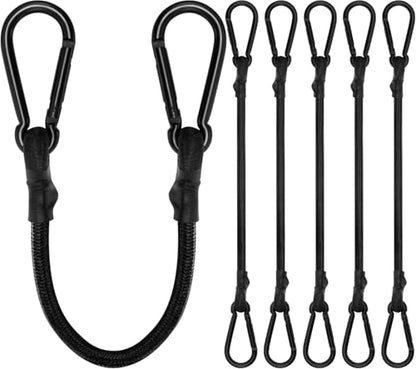Rugtol Bungee Cords with Hooks, 12 Inch Long Heavy Duty Bungee Cords with Carabiner Clip Outdoor, 1/3 Inch Black Extra Strong Elastic Rope with Carabiner Hooks for Camping, Tarps, Bike, Tent, 6 Pack - size: 12"- 6 pcs