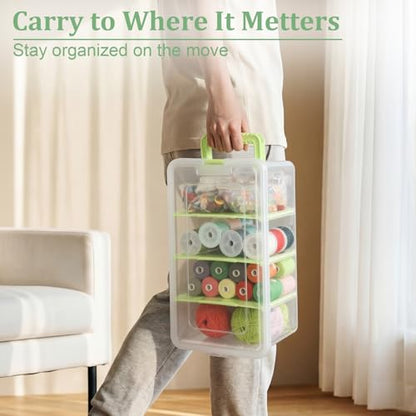 BTSKY Clear Plastic Dividing Storage Box with 4 Deep Compartment Sewing Box | 13.9x7.9x6.2 Inches Adjustable Storage Bin with Lid Portable Craft Container Multipurpose Art Supply Organizer Green - size: 13.9x7.9x6.2 Inches-Green