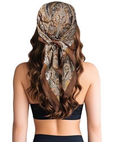 Sumolux Head Hair Scarf for Women Like Satin Silk Scarf Bandana Hair Wrapping Night Large Square Scarves 27.5" - color: Caramel Cashew Nuts