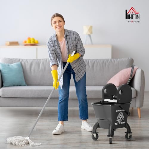 HOMCOM Mop Bucket with Wringer on Wheels, 27.5 Quart, with Mop, Black | Down Press Wringer, Handle and Mop, Floor Cleaning - color: Black, size: 27.5 Quart