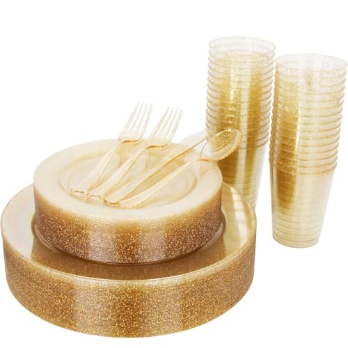 WELLIFE 175 Pieces Gold Glitter Plastic Plates with Silverware and Cups, Includes: 50 Plates, 50 Forks, 25 Knives,25 Spoons and 25 Cups for Party - color: Gold Glitter(175pcs), size: 25 Guests