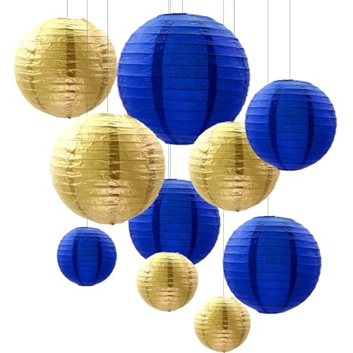 ZOOYOO 10Pcs Paper Lanterns,Blue Gold Round Hanging Tissue Paper Lanterns Decorations for Kids Birthday,Graduation,Ramadan,Eid Party Garden Home Decor - color: Blue Gold