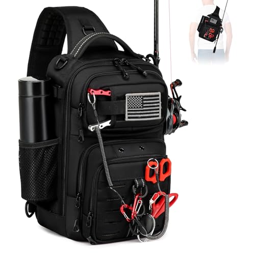 Fishing Sling Bag, Fishing Bag With Rod Holder Fixed Stickers, MOLLE System, Soft Bait & Gear Storage, Gift for Men Black - color: Black