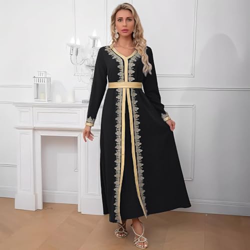 FYMNSI Women Muslim Abaya Dress Islamic Dubai Modest Lace Belted Dress Abayas Kaftan Eid Prayer Clothes Arabian Maxi Robe - color: Black, size: Small