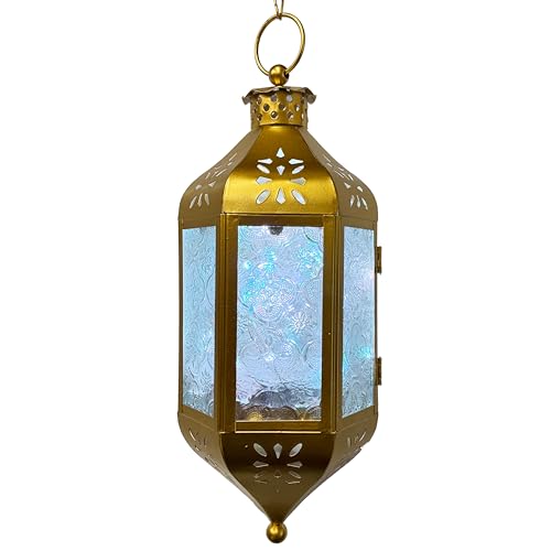 Vela Lanterns Hanging Moroccan Lantern with LED Twinkle Fairy Lights - Exotic Decorative Patio & Porch Decor, Indoor Outdoor Candle Lamp Holder with Chain (13" Large, Gold) - color: Gold/Clear, size: Large