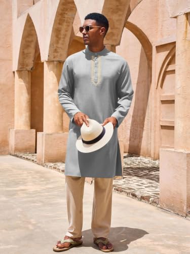 Yousify Mens Kaftan Thobe Casual Henley Shirts - color: Grey, size: Large