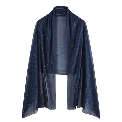 OurLore Chiffon Shawls Wraps for Women Sheer Glitter Scarf Sparkly Rhinestones Shoulder Sarong Cover Up Hijab for Wedding - color: Navy