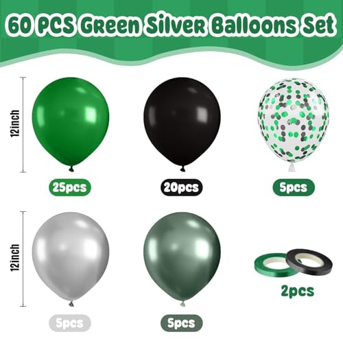 Paready Green Black Balloons, 60 Pcs Party Balloons for Graduation Sports - color: Green Silver