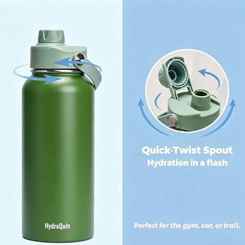 32 oz Insulated Water Bottle Olive Green Stainless Steel Flask | Keep Cold 24 Hours Hot 12 Hours - Leakproof Twist Spout Lid & Flex Handle - No Straw Metal Water Bottle for Hiking & Camp - color: Olive Green