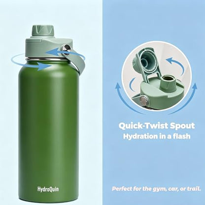 32 oz Insulated Water Bottle Olive Green Stainless Steel Flask | Keep Cold 24 Hours Hot 12 Hours - Leakproof Twist Spout Lid & Flex Handle - No Straw Metal Water Bottle for Hiking & Camp - color: Olive Green