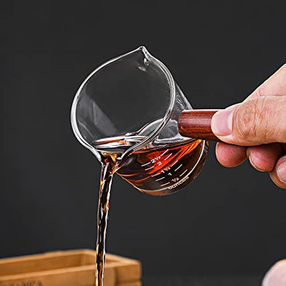 70ml Double Spouts Espresso Cup Shot Glasses Heat-Resistant Measuring Cup Mini Milk Glass Mug with Wooden Handle Clear Scale Ounce for Milk Coffee Espresso Making Heavy Glass Measuring Cup - color: 70ml, with Wood Handle