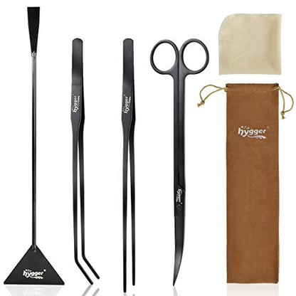 hygger Long Stainless Steel Premium Aquarium Tools, 4 PCS Aquatic Plant Tweezers Scissors Spatula Kits Comes with 1 Cleaning Cloth, for Fish Tank Starters - color: Black