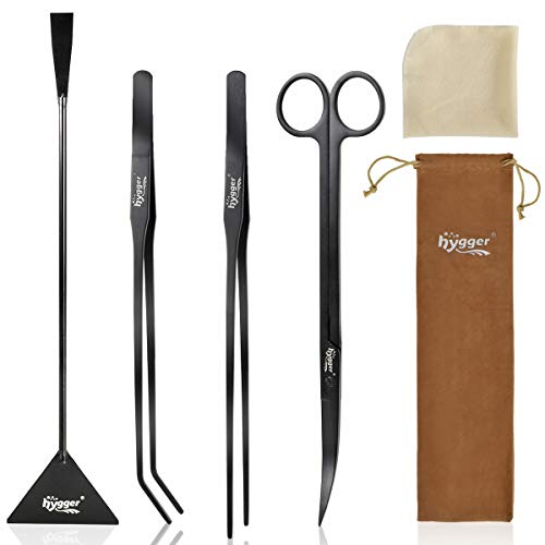 hygger Long Stainless Steel Premium Aquarium Tools, 4 PCS Aquatic Plant Tweezers Scissors Spatula Kits Comes with 1 Cleaning Cloth, for Fish Tank Starters - color: Black