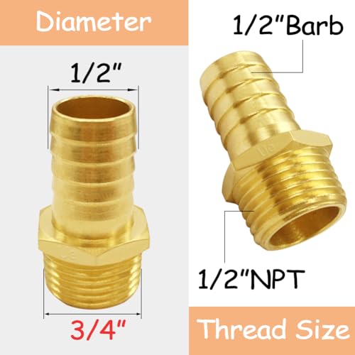 Uenede 6PCS Brass Hose Barb Fittings 1/2" NPT Male to 1/2" Barb Adapter Connector Include 6 Stainless Steel Clamps for Water/Oil/Gas - size: 1/2"Barb, style: 1/2"NPT Male